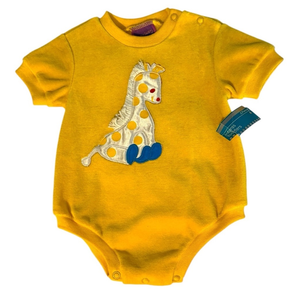Vintage 70s Handstands Onesie Giraffe Appliqué Yellow Short Sleeve 6M Deadstock